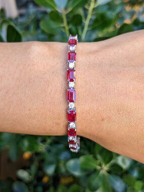 Radiant Mozambique Emerald Cut Ruby Diamond Bracelet 14K WG 7 Inch 9.01ctw